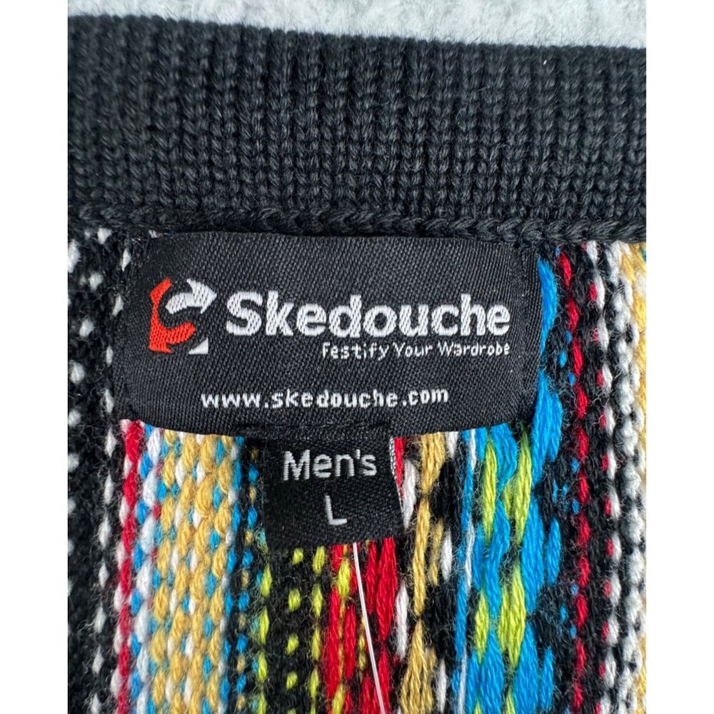 Skedouche The Kosby Mens L Colorful Preppy 90s V-Neck Striped Sweater Wool Blend - Picture 2 of 11